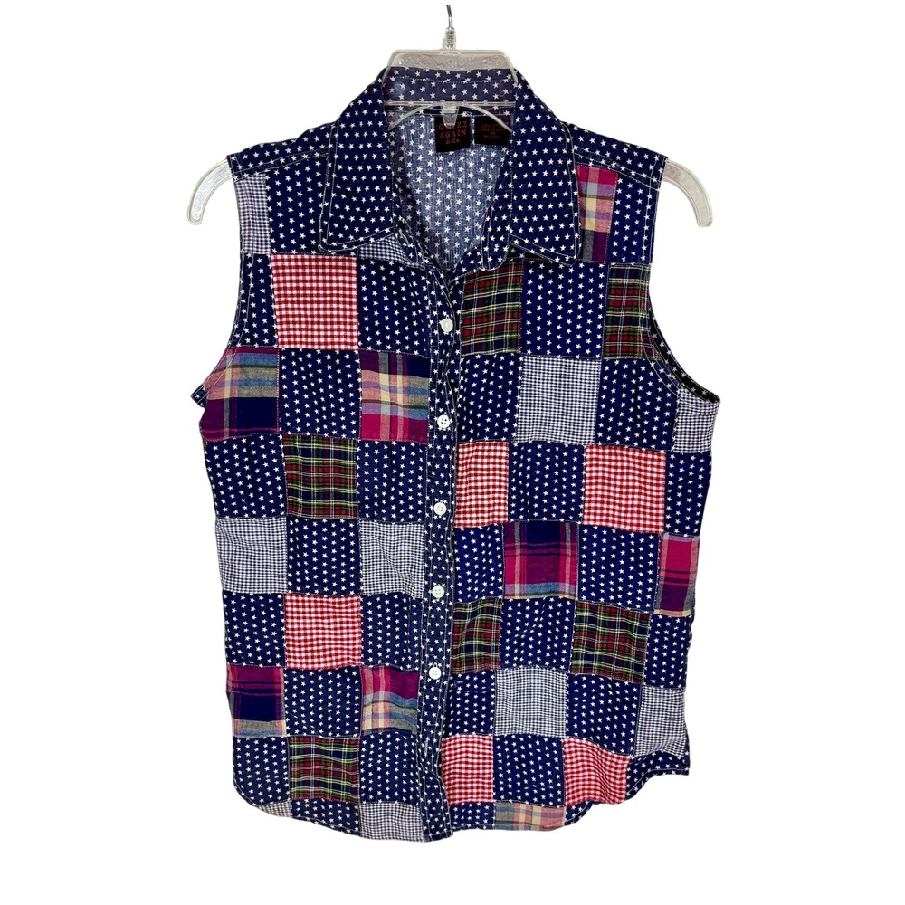 Star‎ & Plaid Pattern Americana Patchwork Sleeveless Cotton Blouse  Medium M